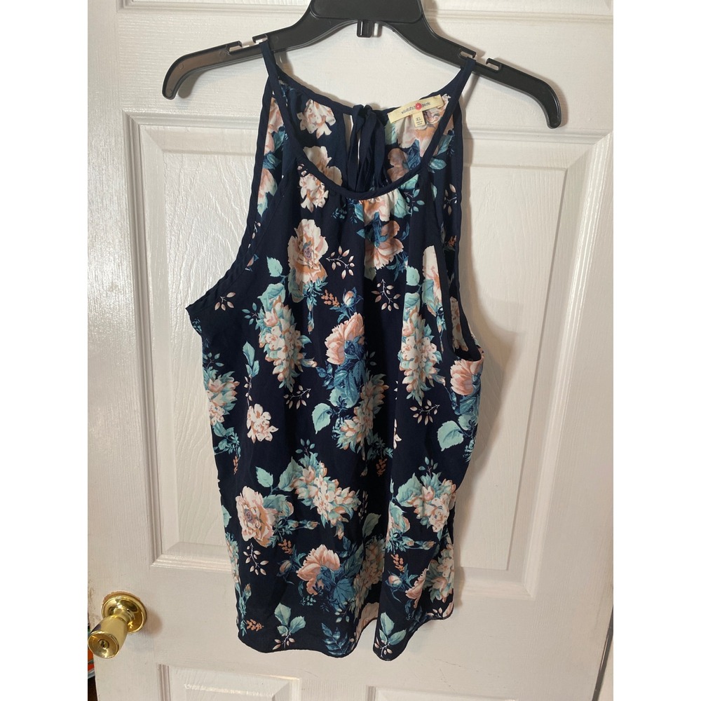 Wishful Park Floral Halter Neck Tank Top Navy Blue Peach XL Sleeveless Blouse
